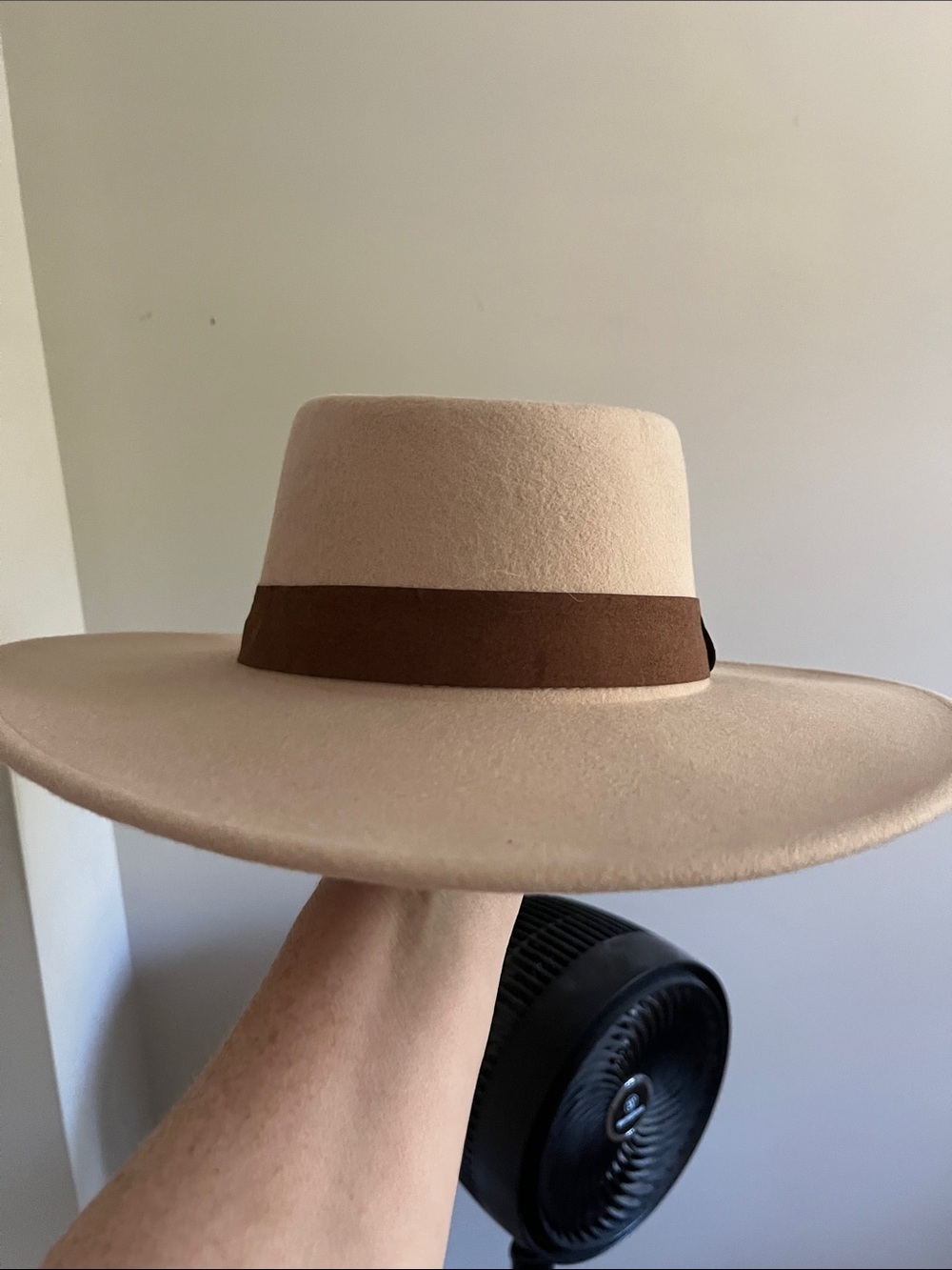 Vici collection 100% wool Wide Brim Felt Fedora in Beige with Brown Band